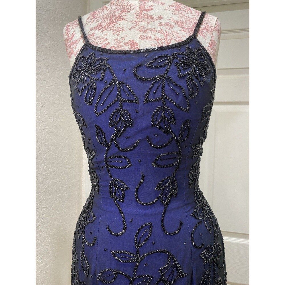 VTG Sean Collection Beaded Silk Gown Maxi Dress Sz S Floral Navy Y2K Embellished
